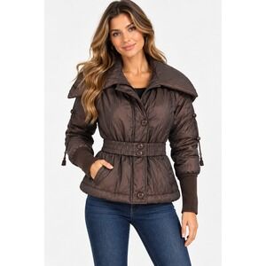 Lady Dutch Women Puffer Jacket XS Brown Metallic Shawl Collar Belted Drawstring